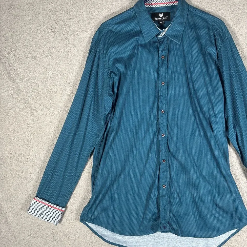 Buttercloth Shirt Long Sleeve Men's Size XL Blue Brick‎ Pattern Geometric Preppy